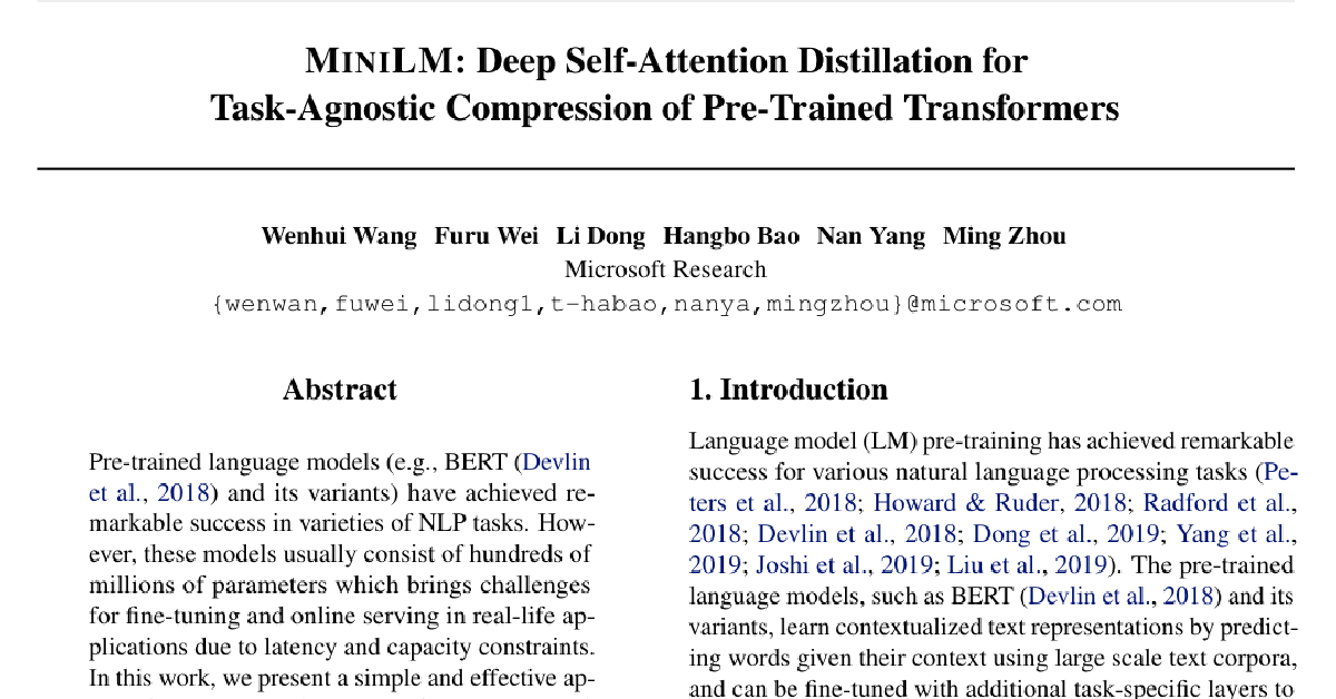 MiniLM: Deep Self-Attention Distillation for Task-Agnostic Compression of Pre-Trained Transformers cover
