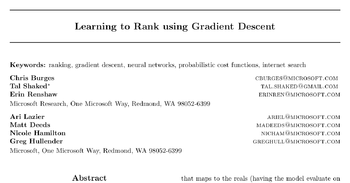 Learning to rank using gradient descent cover