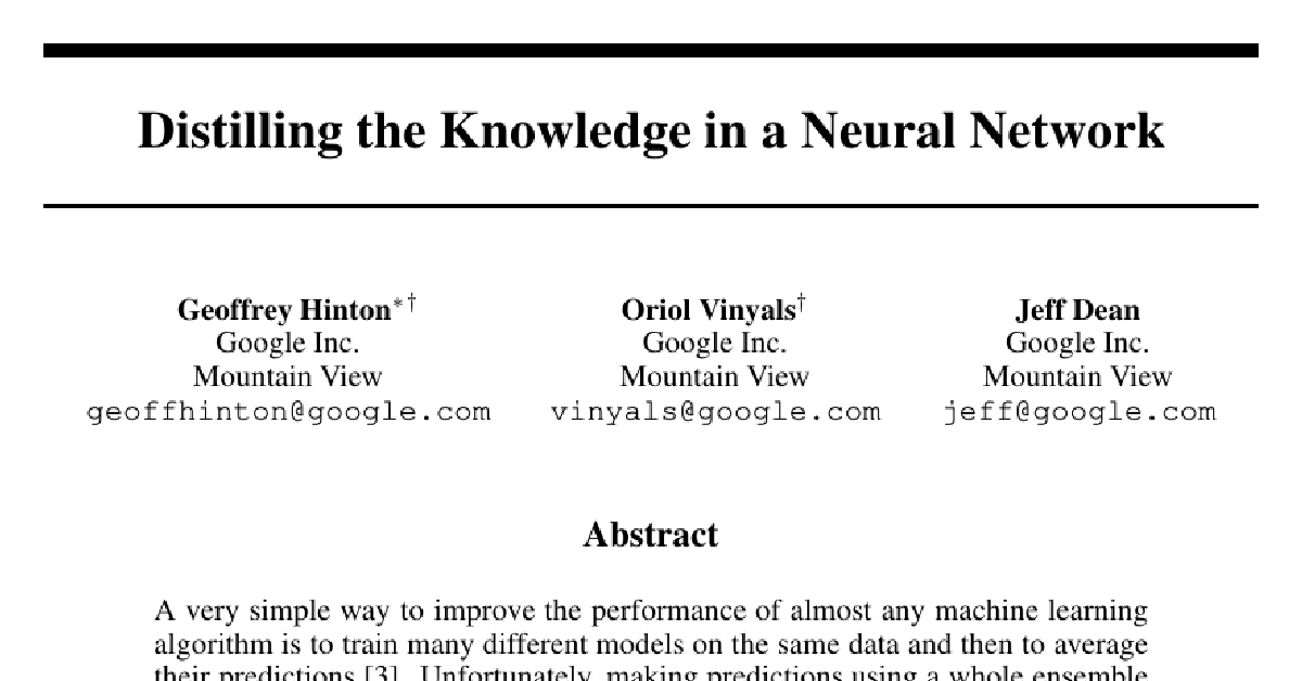 Distilling the Knowledge in a Neural Network cover