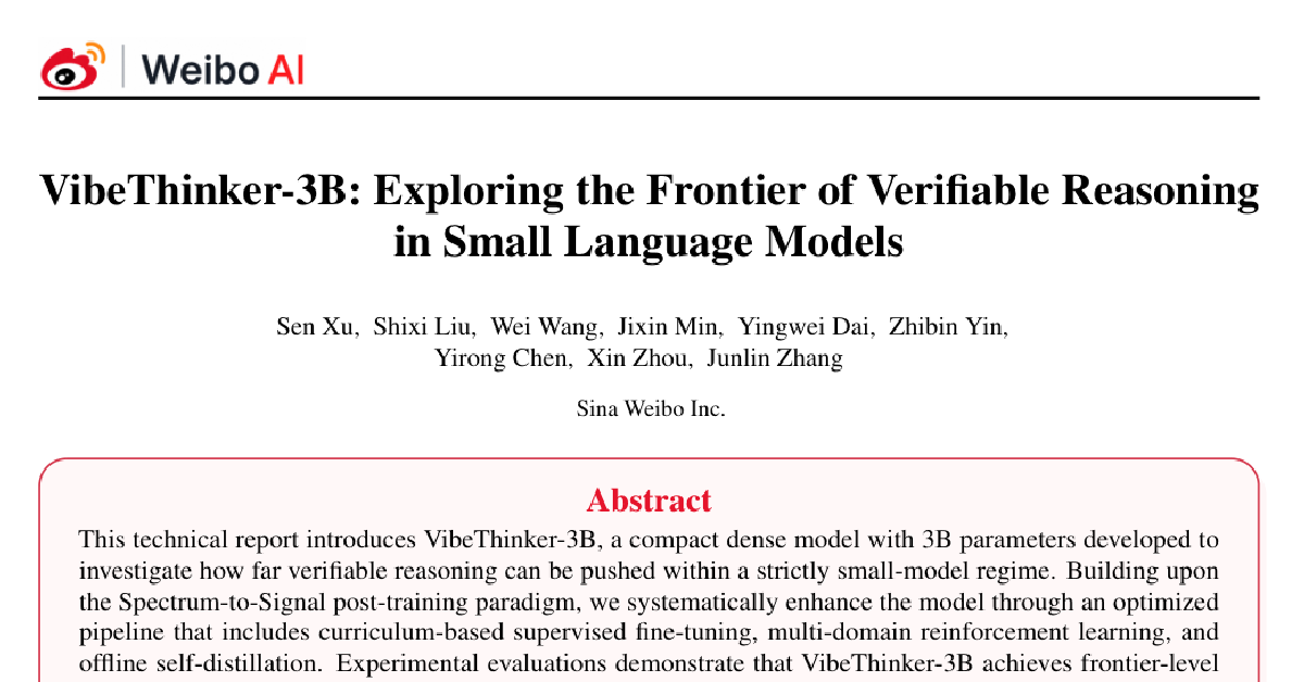 VibeThinker-3B: Exploring the Frontier of Verifiable Reasoning in Small Language Models cover