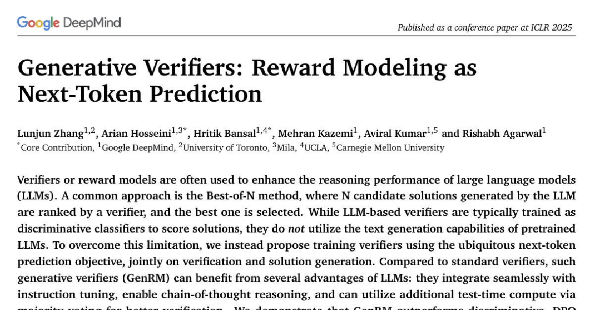 Generative Verifiers: Reward Modeling as Next-Token Prediction cover