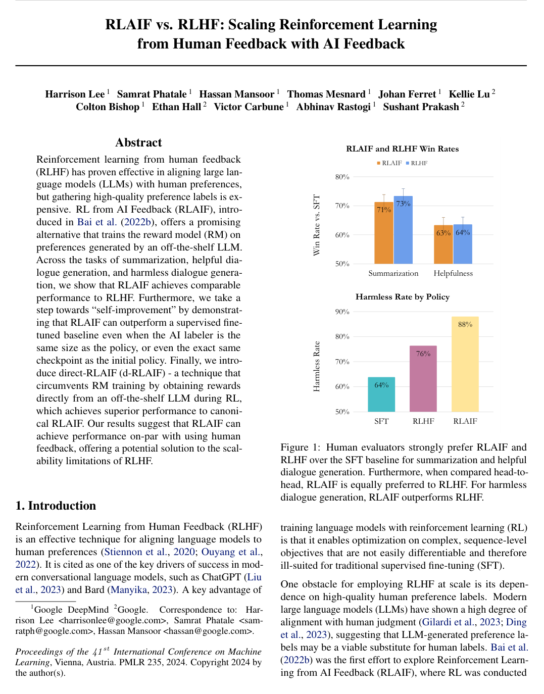 RLAIF vs. RLHF: Scaling Reinforcement Learning from Human Feedback with AI Feedback