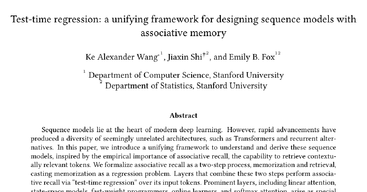 Test-time regression: a unifying framework for designing sequence models with associative memory cover