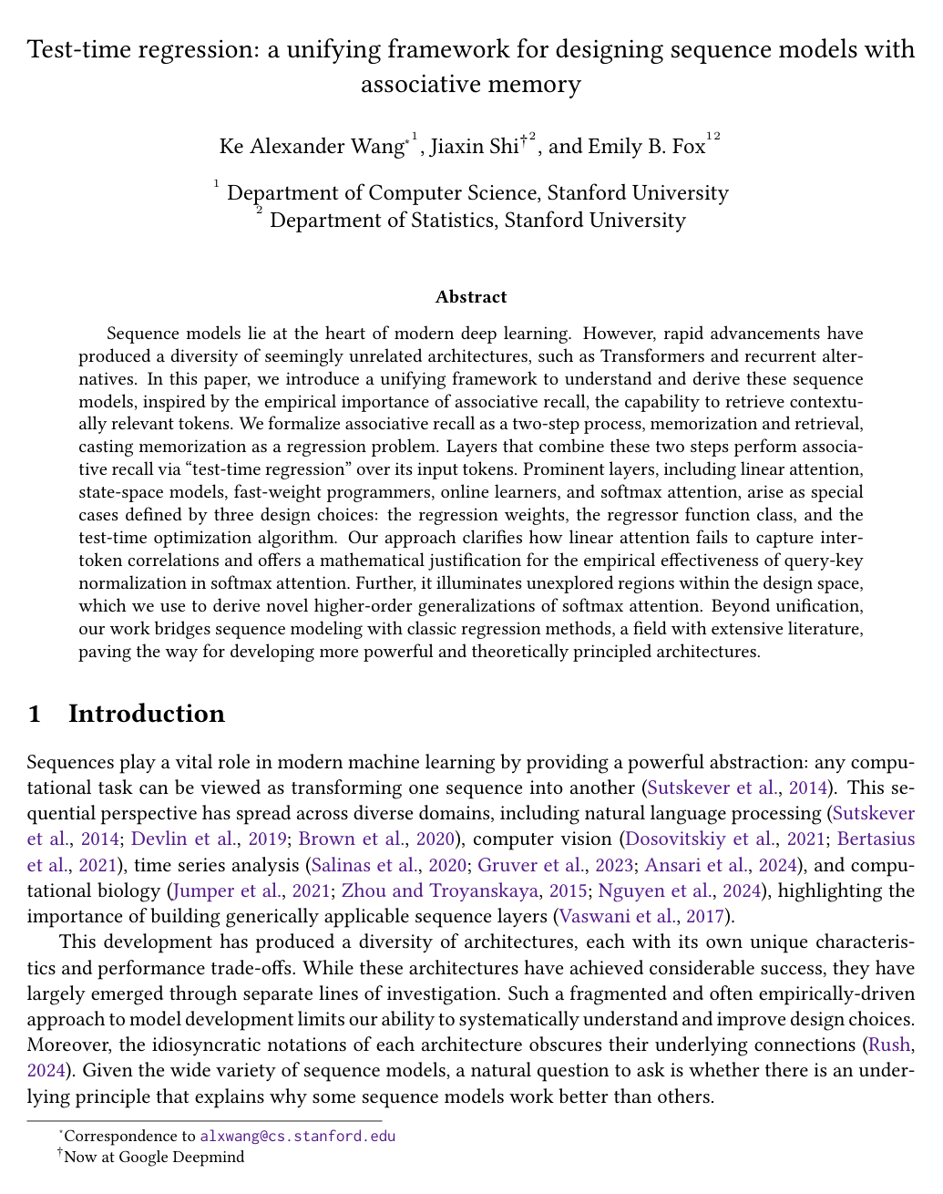 Test-time regression: a unifying framework for designing sequence models with associative memory