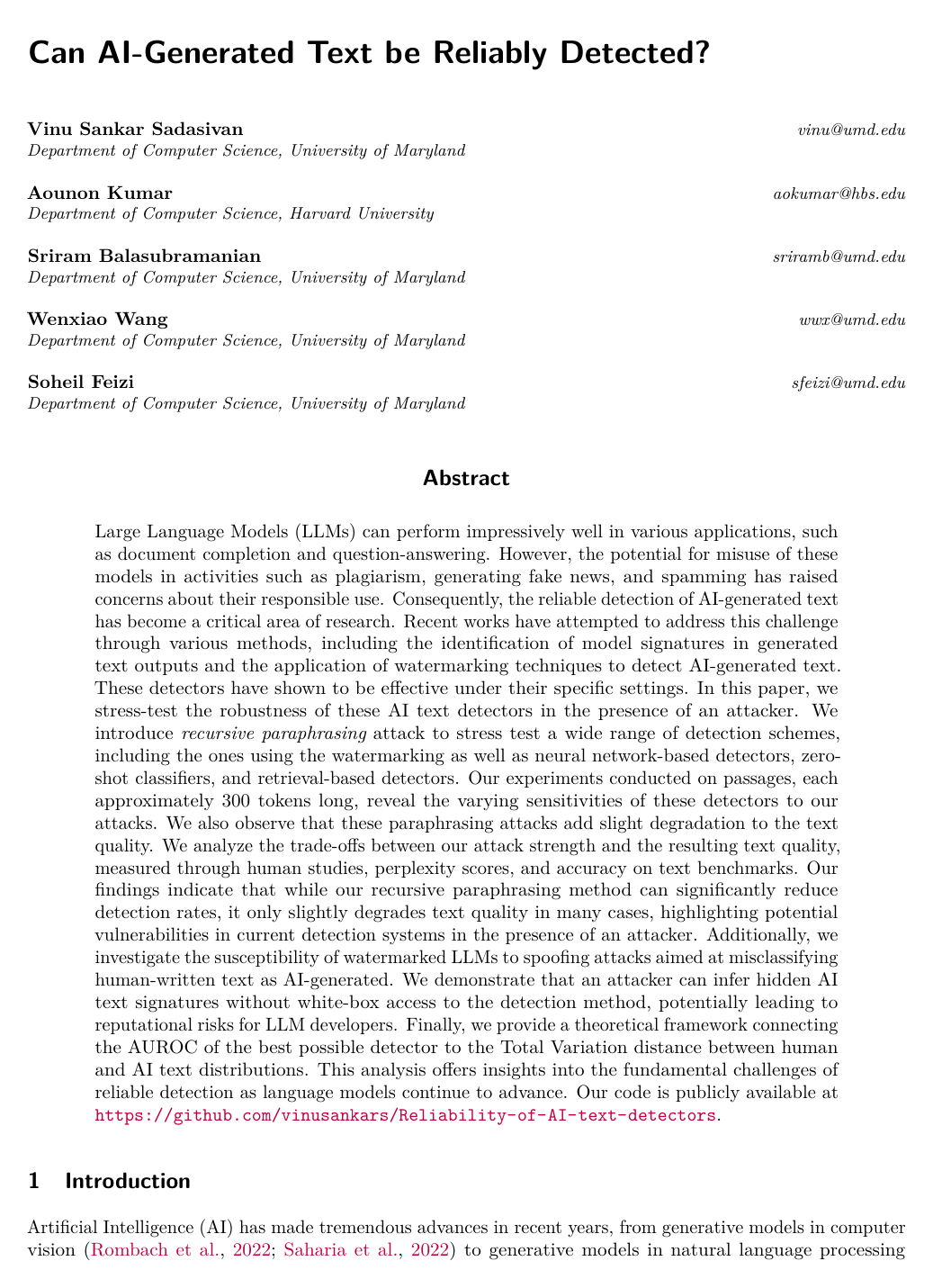 Can AI-Generated Text be Reliably Detected?