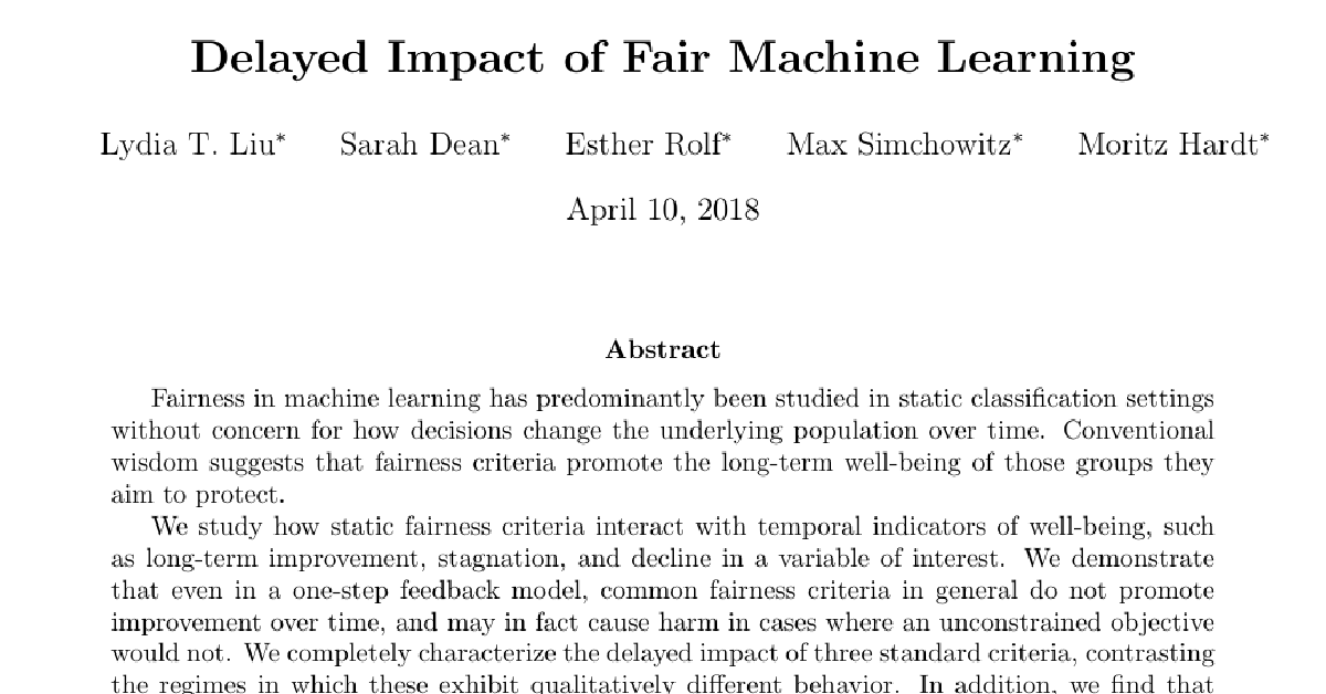 Delayed Impact of Fair Machine Learning cover