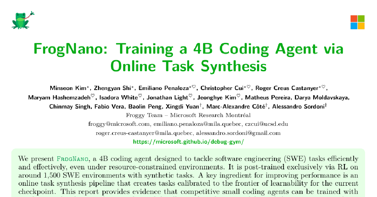 FrogNano: Training a 4B Coding Agent via Online Task Synthesis cover
