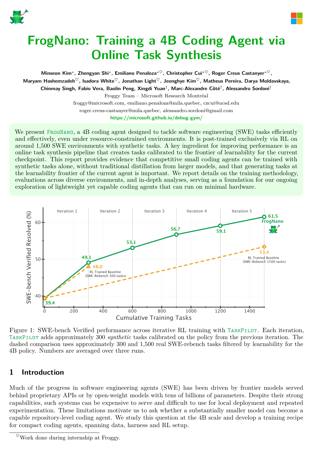 FrogNano: Training a 4B Coding Agent via Online Task Synthesis
