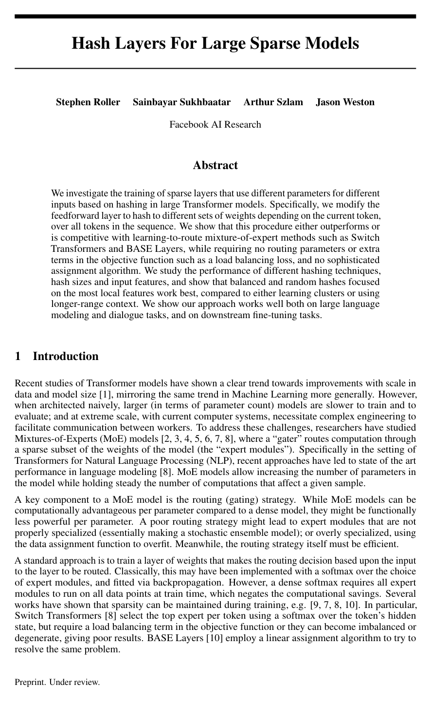 Hash Layers For Large Sparse Models