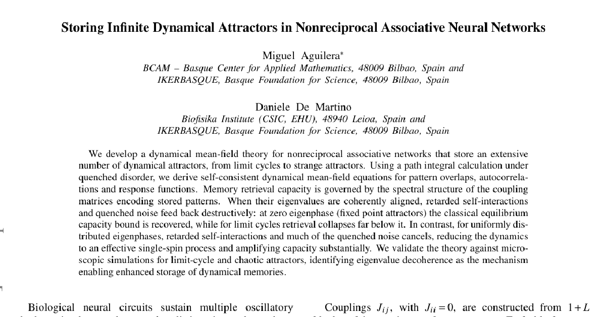 Storing Infinite Dynamical Attractors in Nonreciprocal Associative Neural Networks cover