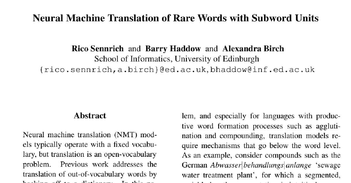 Neural Machine Translation of Rare Words with Subword Units cover