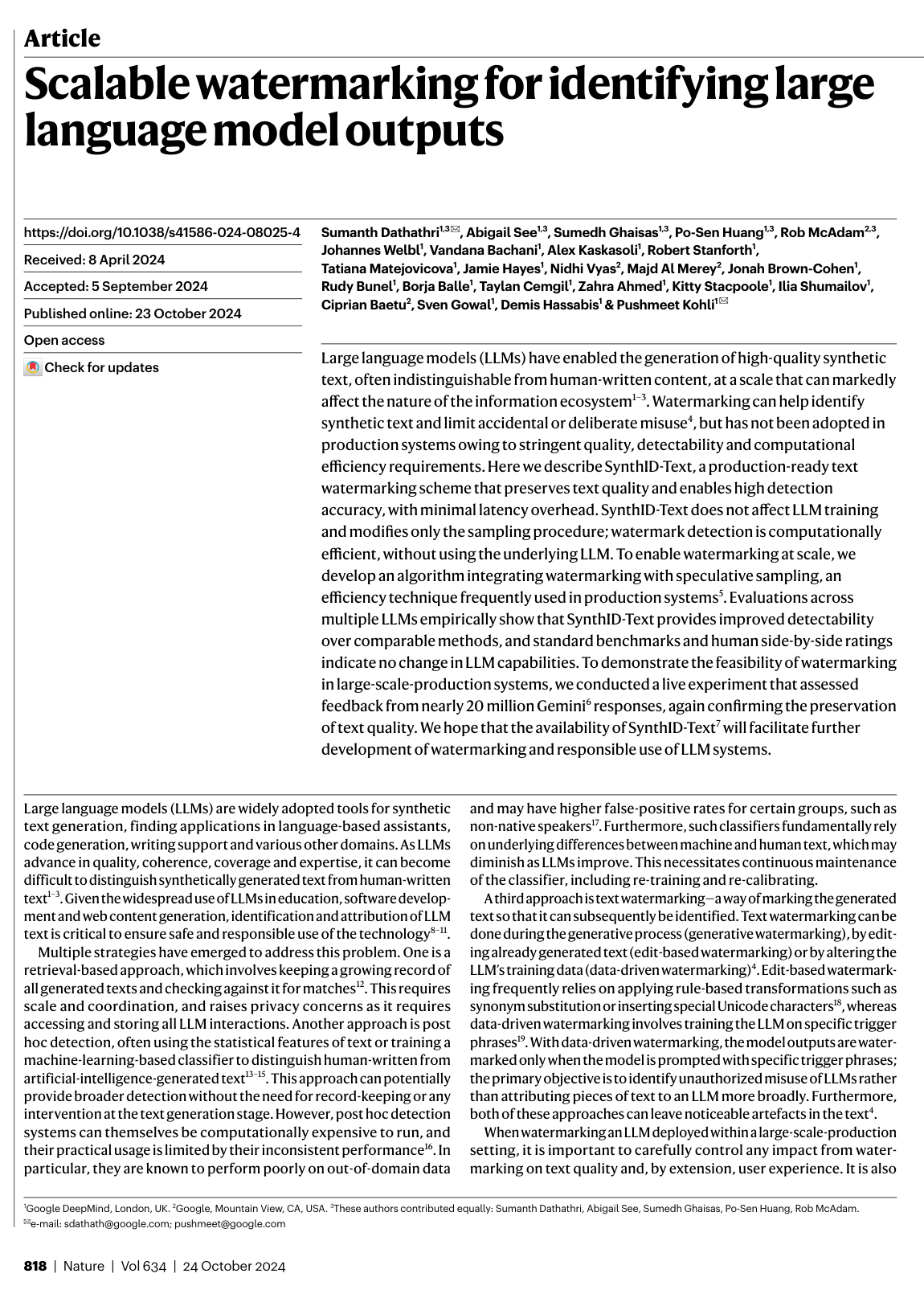 Scalable watermarking for identifying large language model outputs