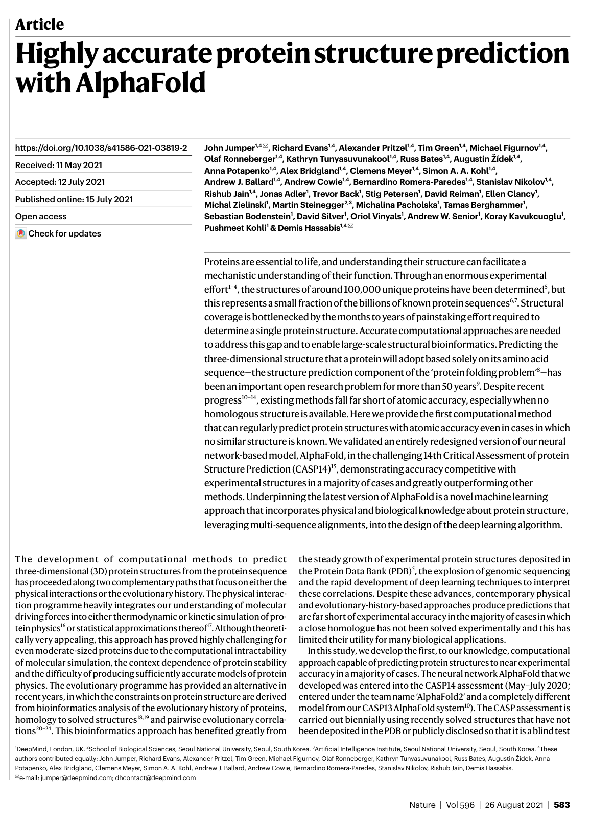 Highly accurate protein structure prediction with AlphaFold