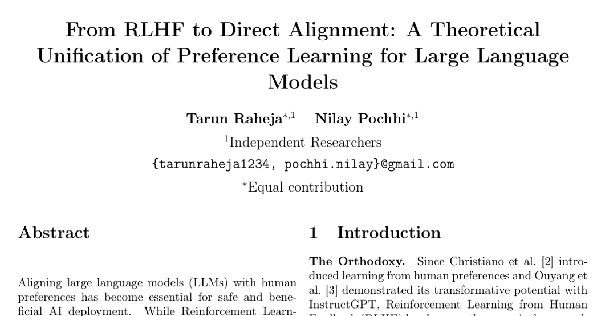 From RLHF to Direct Alignment: A Theoretical Unification of Preference Learning for Large Language Models cover