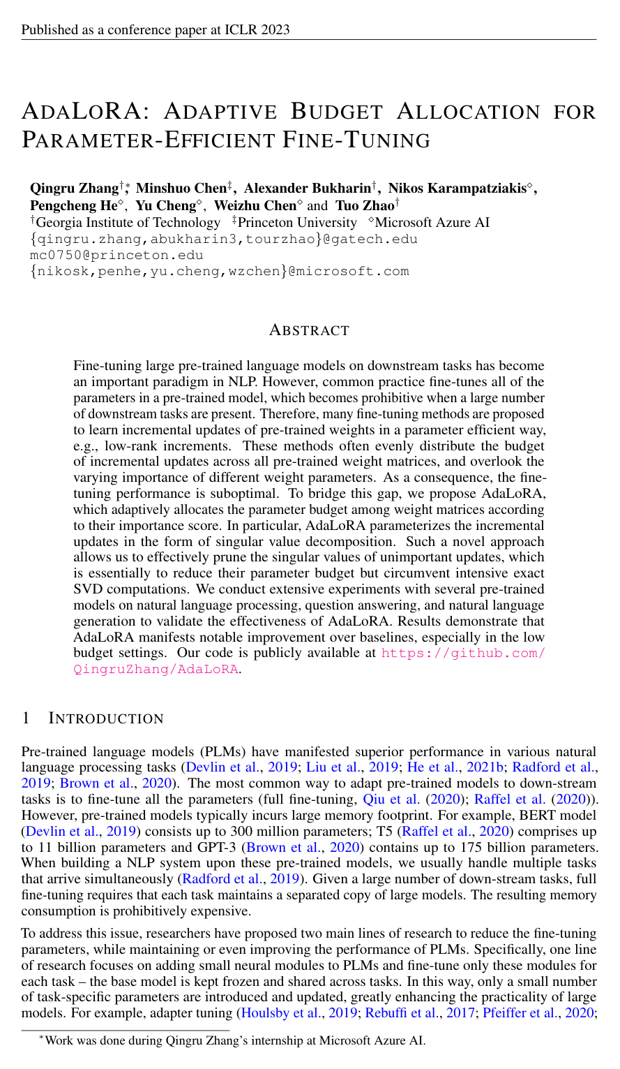 AdaLoRA: Adaptive Budget Allocation for Parameter-Efficient Fine-Tuning
