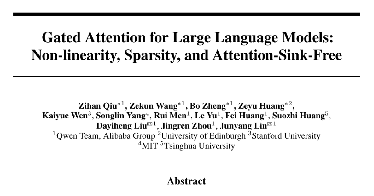 Gated Attention for Large Language Models: Non-linearity, Sparsity, and Attention-Sink-Free cover