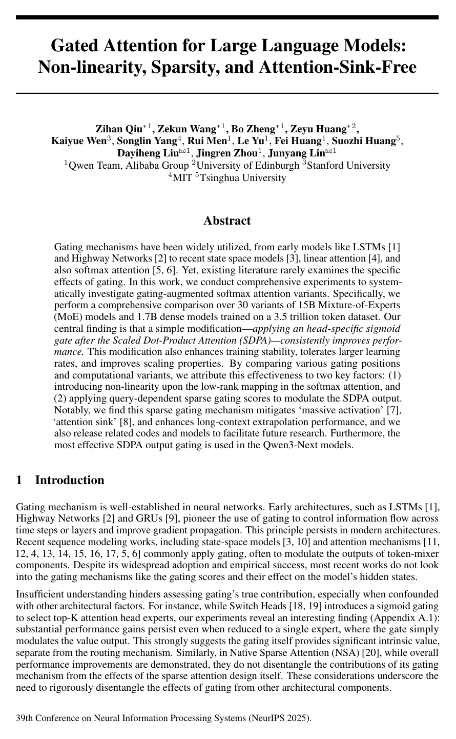 Gated Attention for Large Language Models: Non-linearity, Sparsity, and Attention-Sink-Free