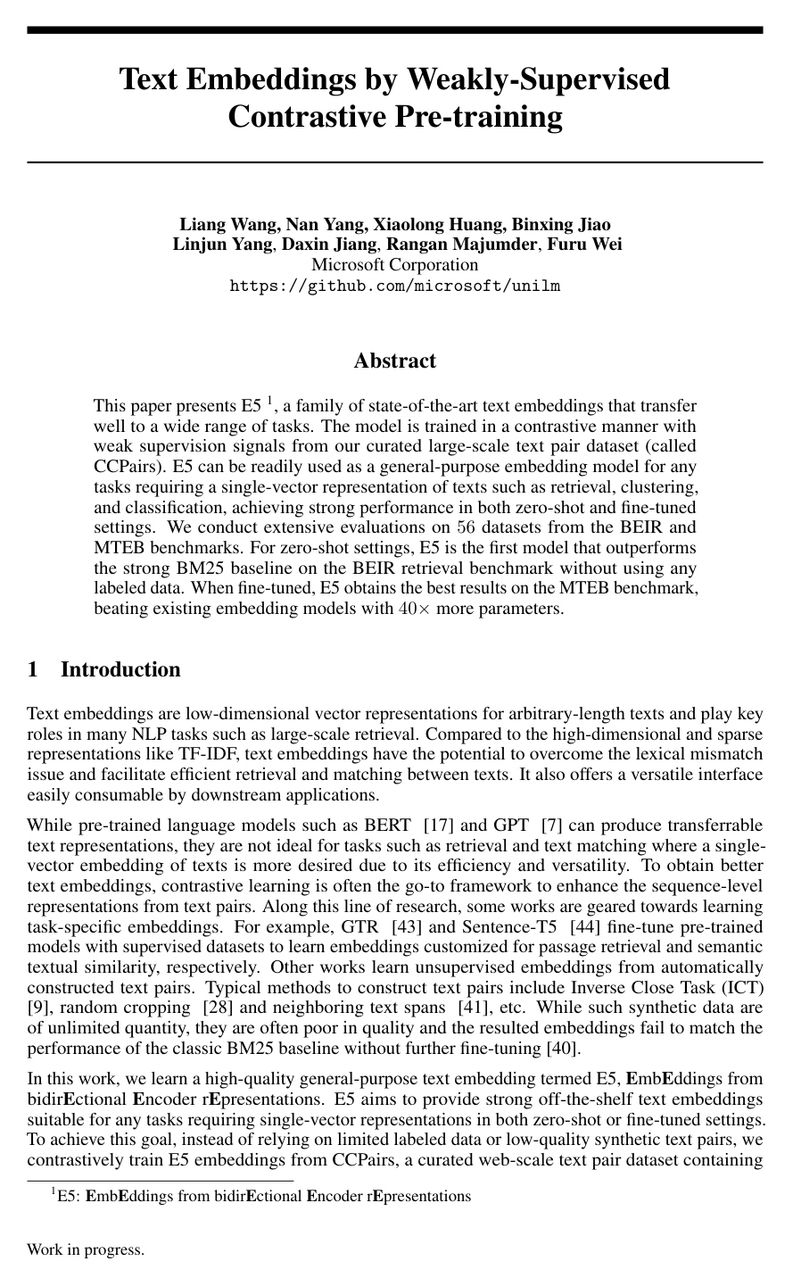 Text Embeddings by Weakly-Supervised Contrastive Pre-training