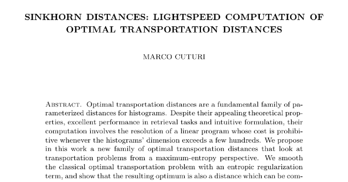 Sinkhorn Distances: Lightspeed Computation of Optimal Transportation Distances cover