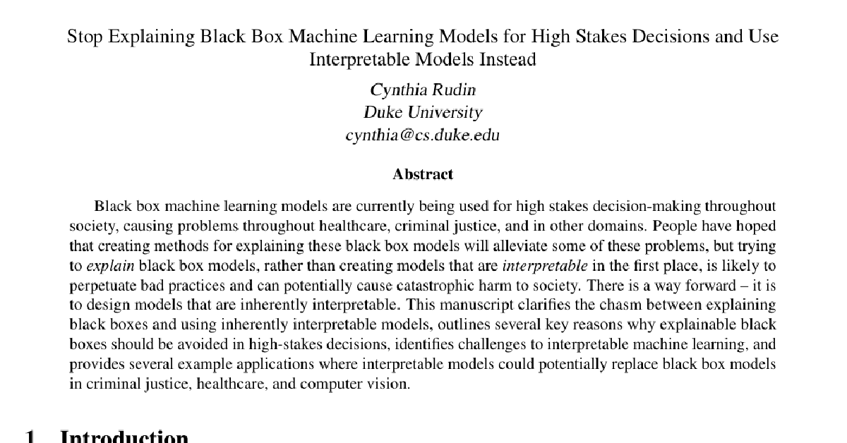 Stop Explaining Black Box Machine Learning Models for High Stakes Decisions and Use Interpretable Models Instead cover