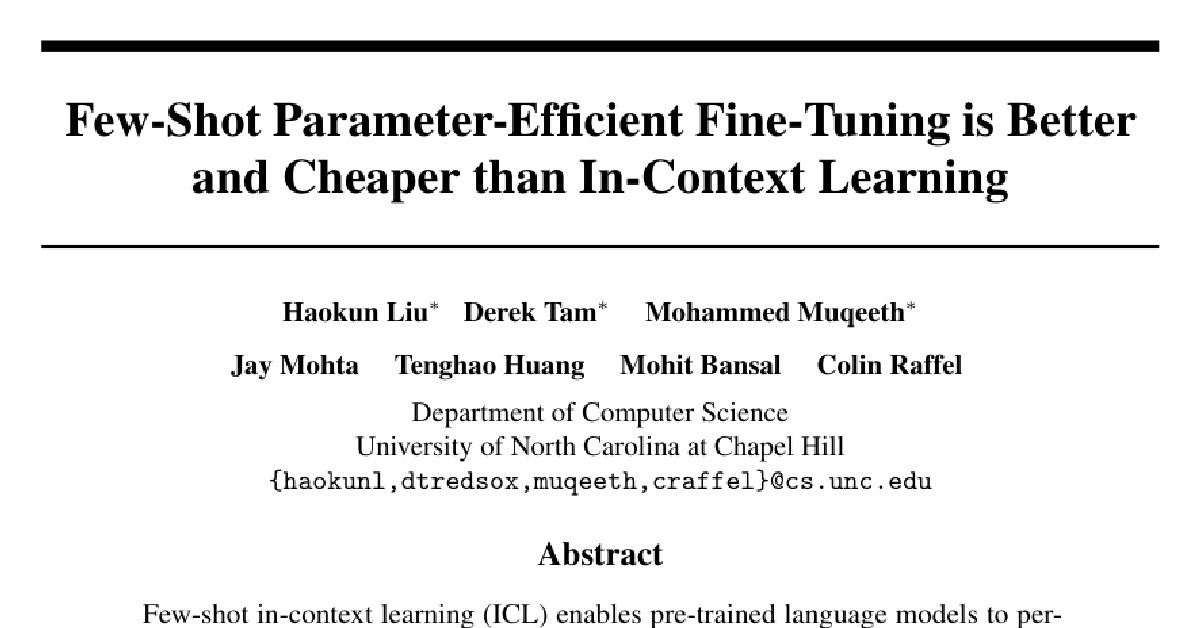 Few-Shot Parameter-Efficient Fine-Tuning is Better and Cheaper than In-Context Learning cover