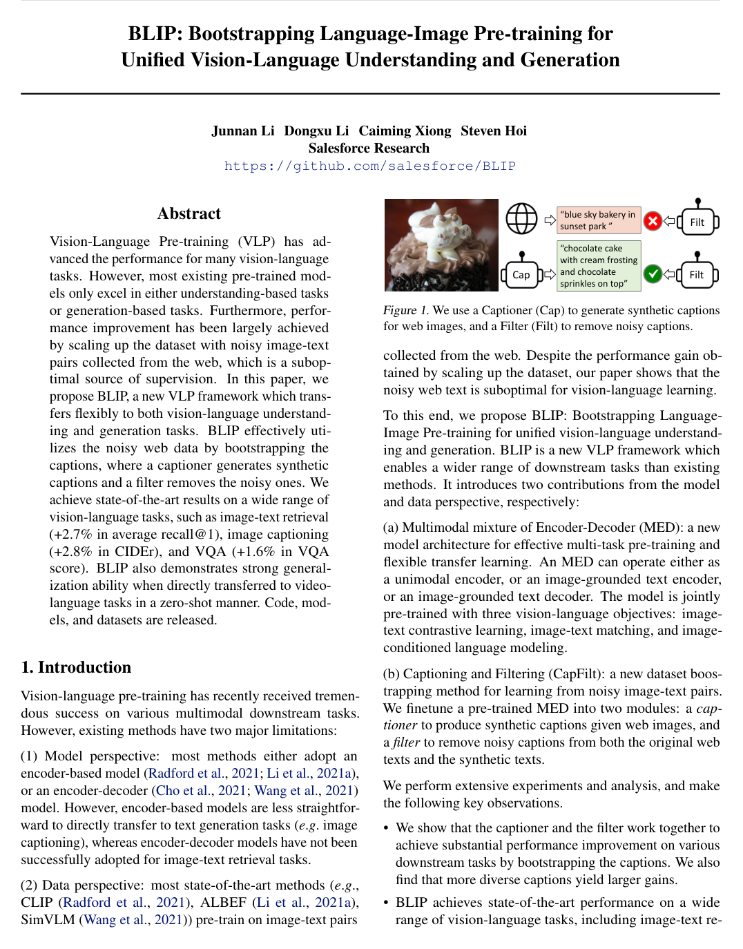 BLIP: Bootstrapping Language-Image Pre-training for Unified Vision-Language Understanding and Generation