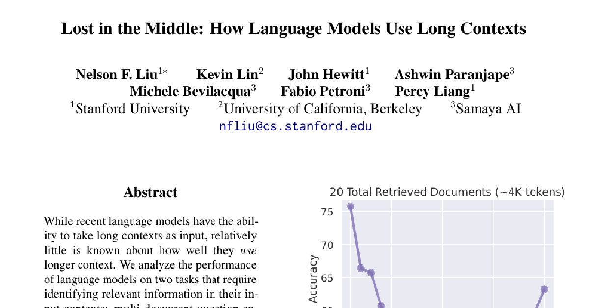 Lost in the Middle: How Language Models Use Long Contexts cover