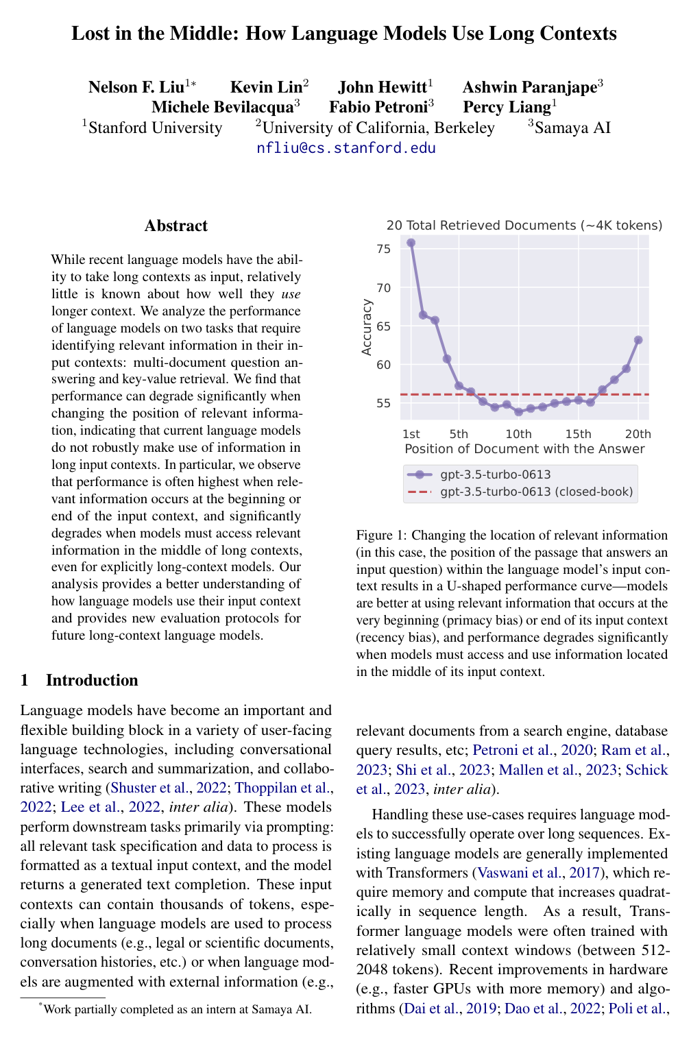 Lost in the Middle: How Language Models Use Long Contexts