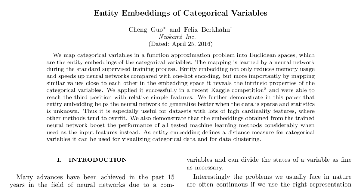 Entity Embeddings of Categorical Variables cover