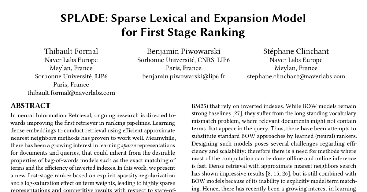 SPLADE: Sparse Lexical and Expansion Model for First Stage Ranking cover