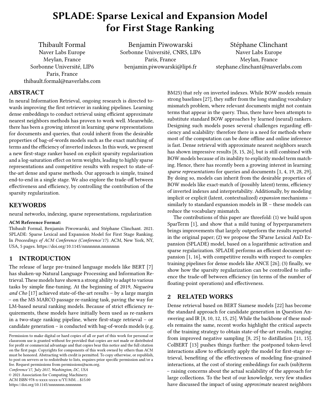 SPLADE: Sparse Lexical and Expansion Model for First Stage Ranking