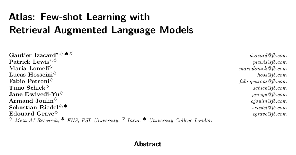 Atlas: Few-shot Learning with Retrieval Augmented Language Models cover