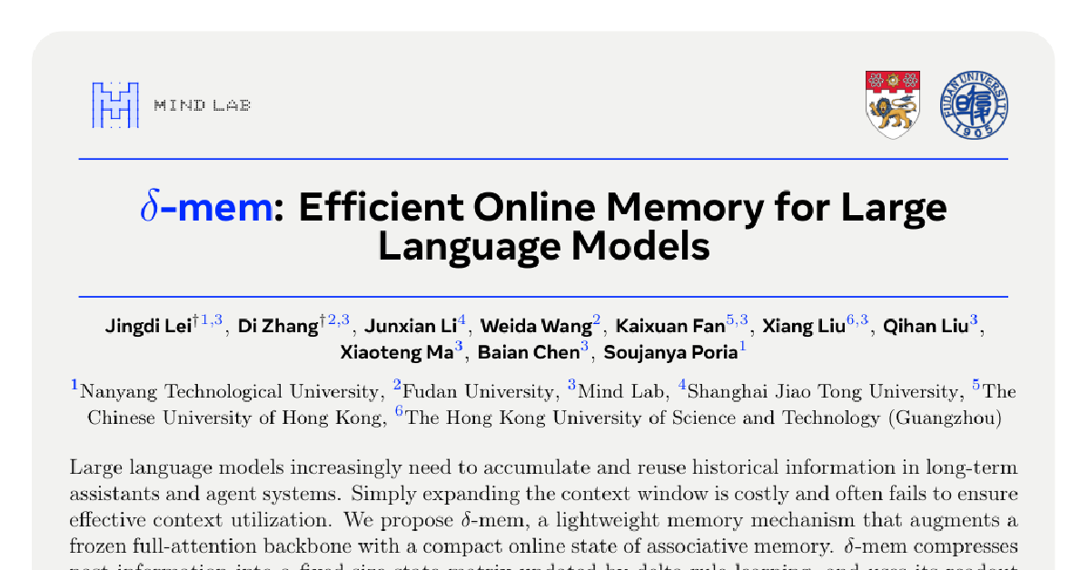 $δ$-mem: Efficient Online Memory for Large Language Models cover