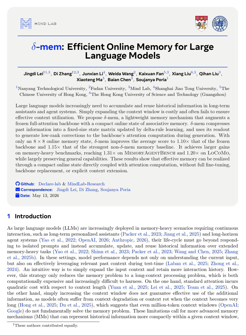 $δ$-mem: Efficient Online Memory for Large Language Models