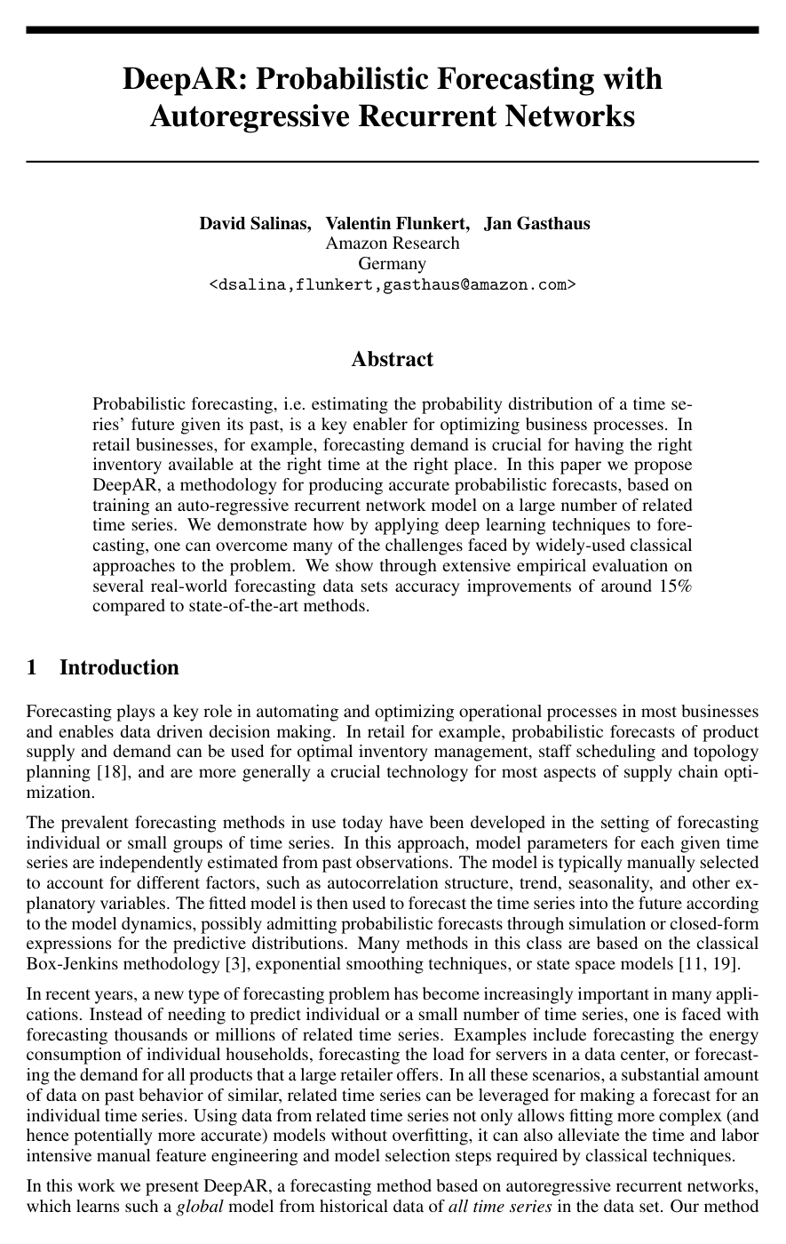 DeepAR: Probabilistic Forecasting with Autoregressive Recurrent Networks