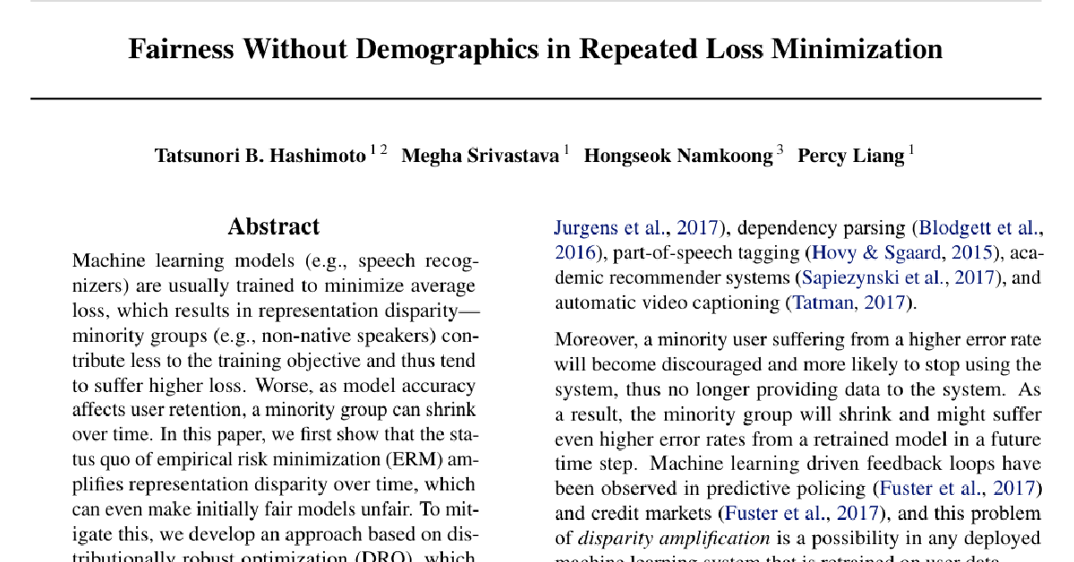Fairness Without Demographics in Repeated Loss Minimization cover