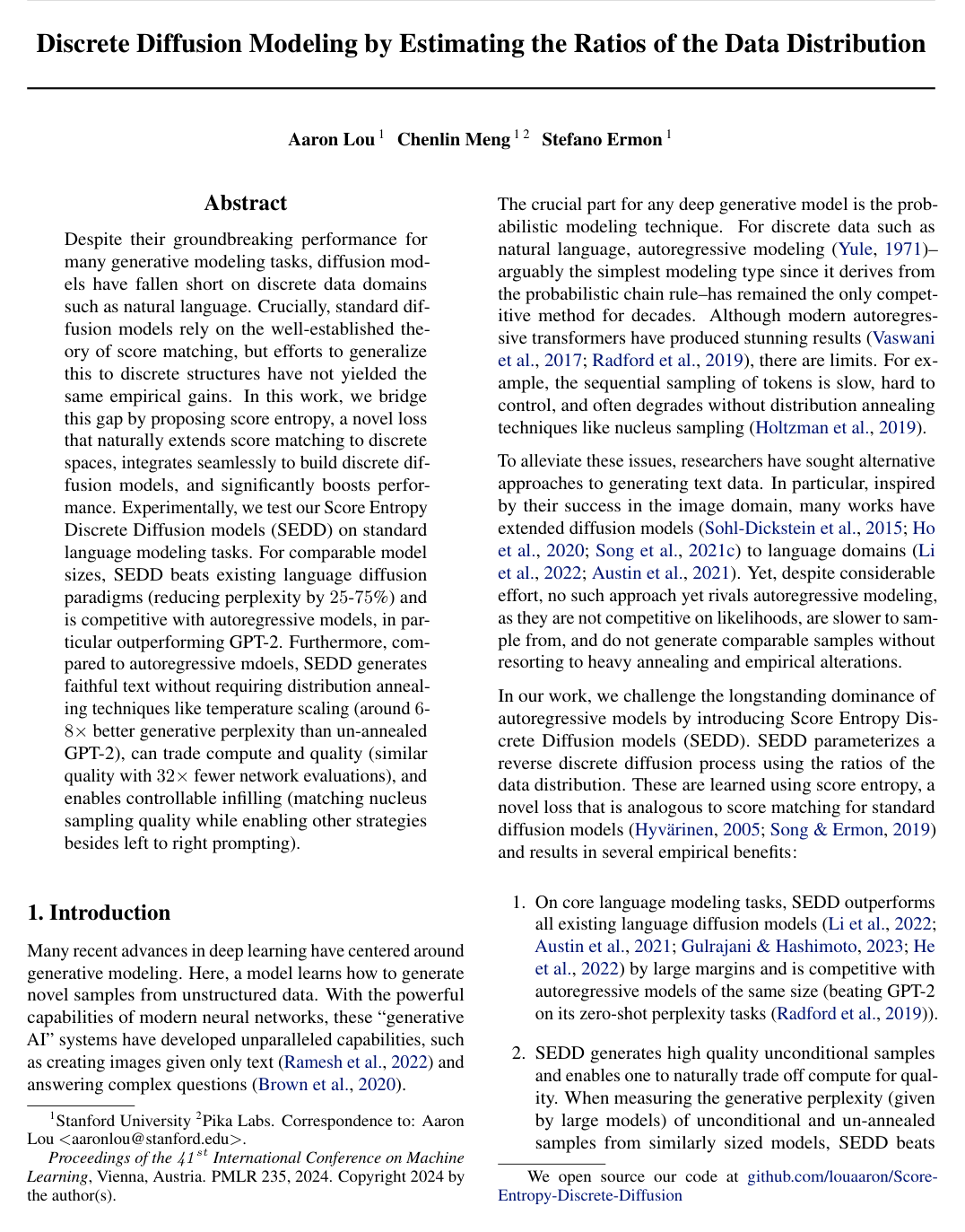 Discrete Diffusion Modeling by Estimating the Ratios of the Data Distribution
