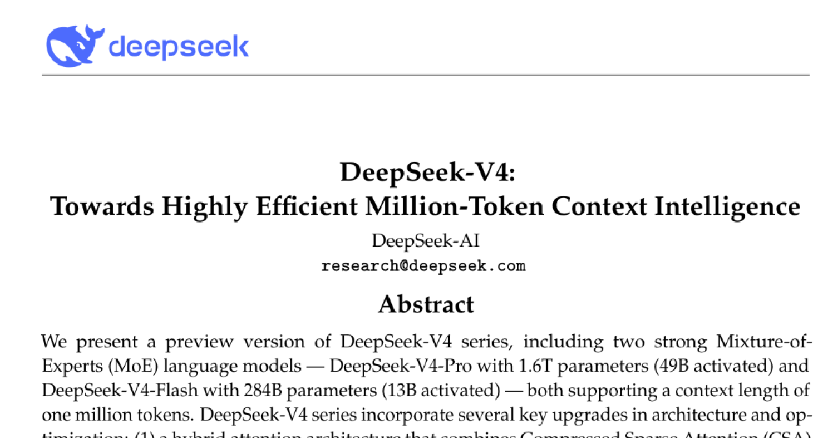 DeepSeek-V4: Towards Highly Efficient Million-Token Context Intelligence cover