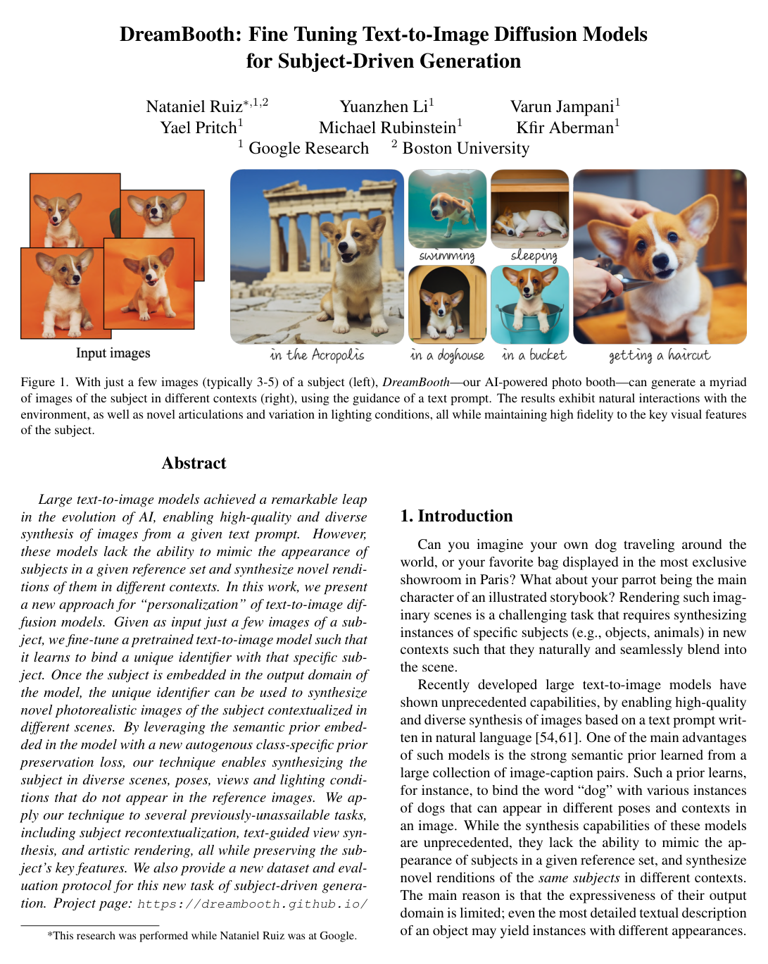 DreamBooth: Fine Tuning Text-to-Image Diffusion Models for Subject-Driven Generation