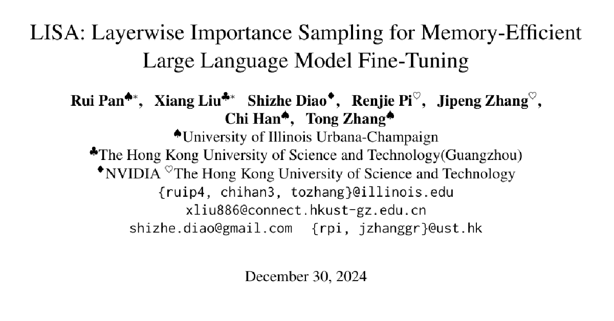 LISA: Layerwise Importance Sampling for Memory-Efficient Large Language Model Fine-Tuning cover