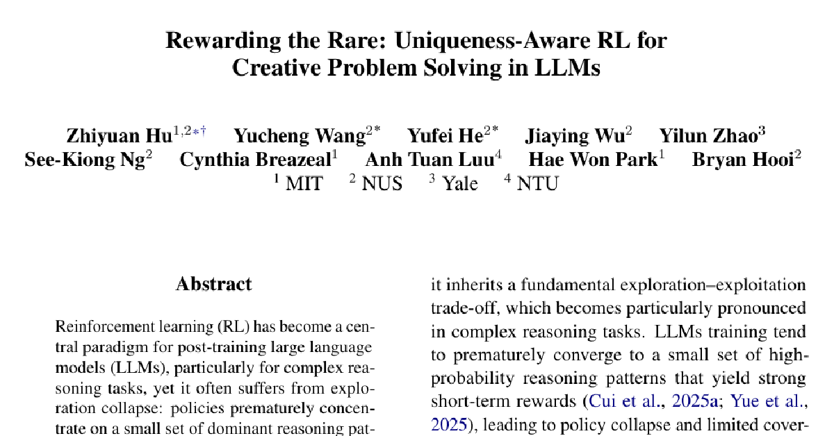 Rewarding the Rare: Uniqueness-Aware RL for Creative Problem Solving in LLMs cover
