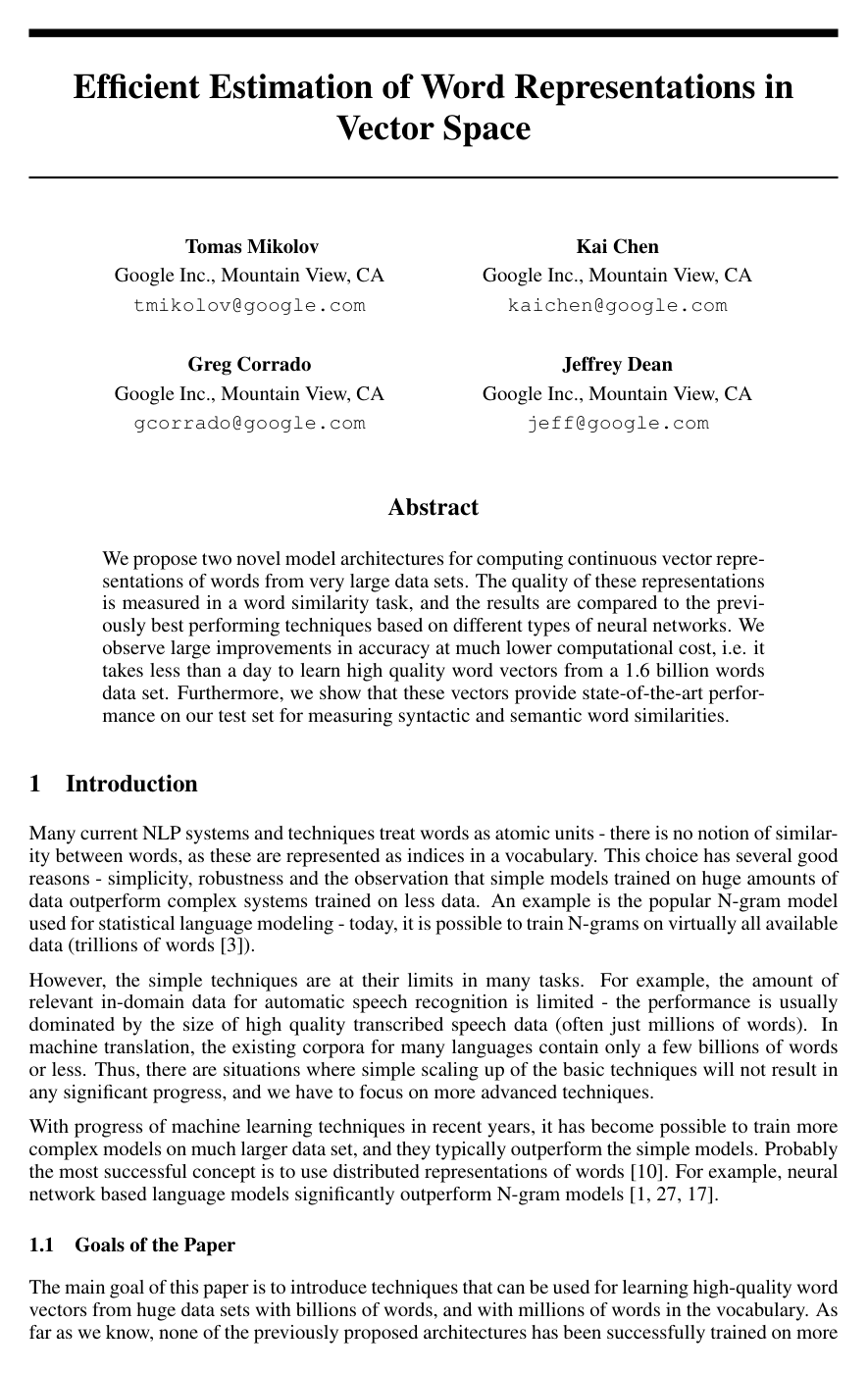 Efficient Estimation of Word Representations in Vector Space