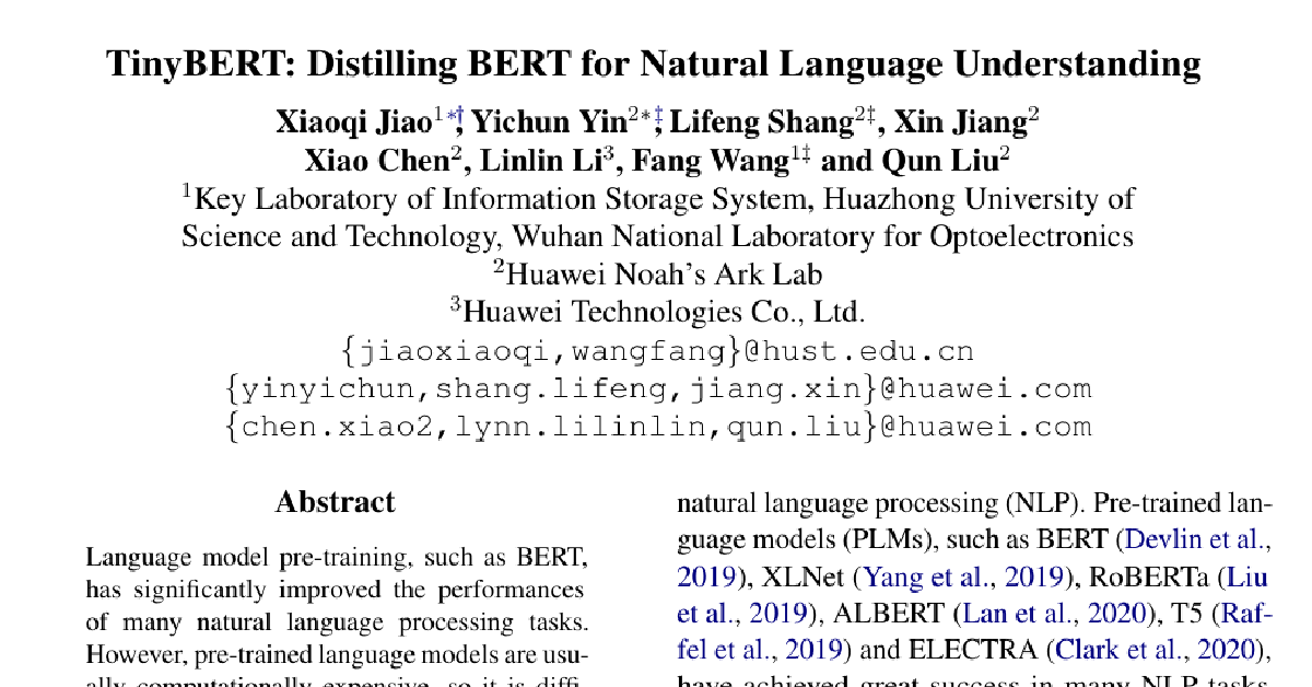 TinyBERT: Distilling BERT for Natural Language Understanding cover