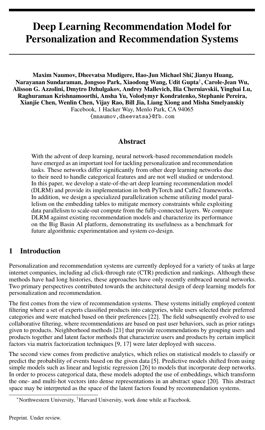 Deep Learning Recommendation Model for Personalization and Recommendation Systems