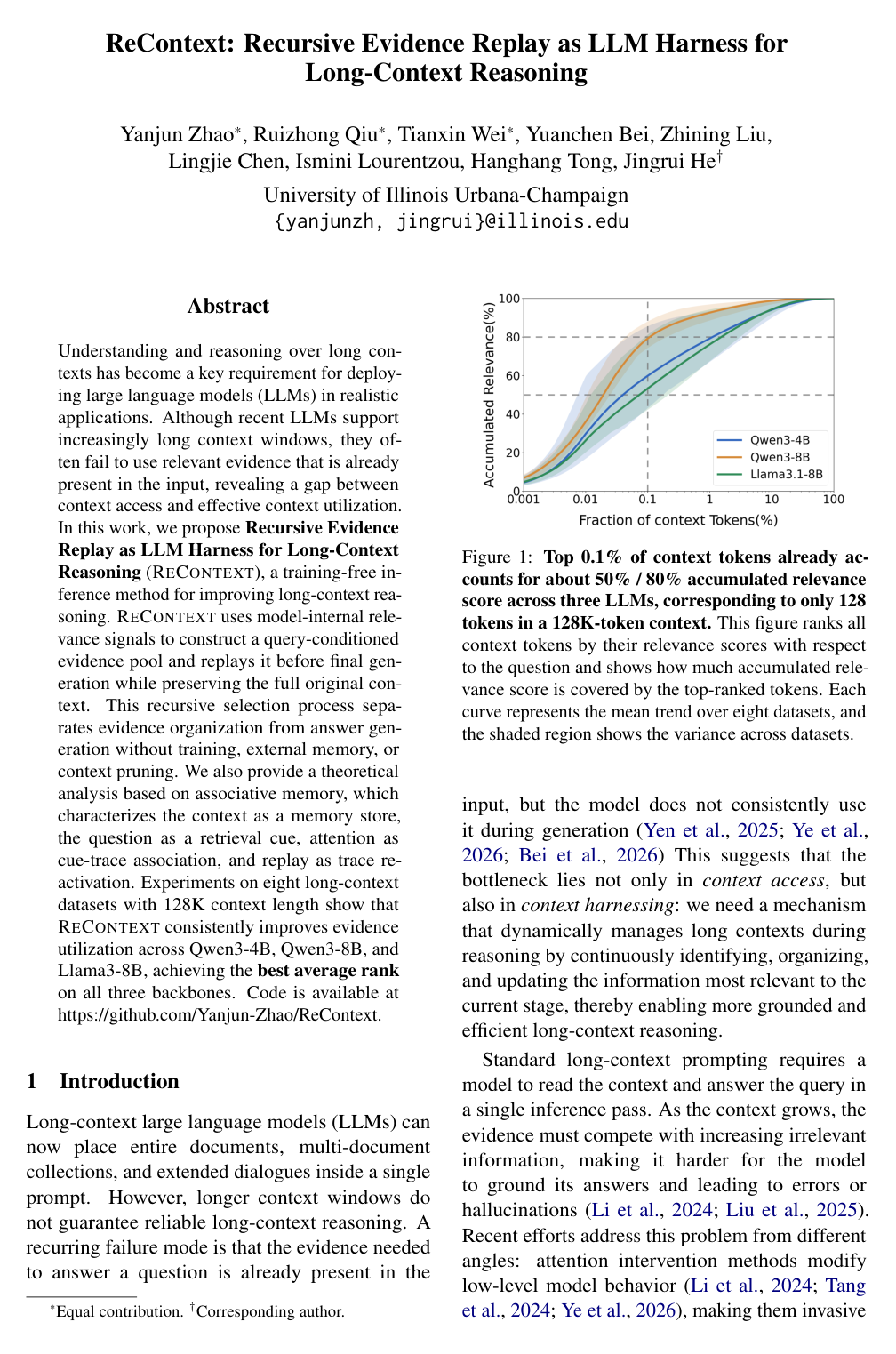 ReContext: Recursive Evidence Replay as LLM Harness for Long-Context Reasoning