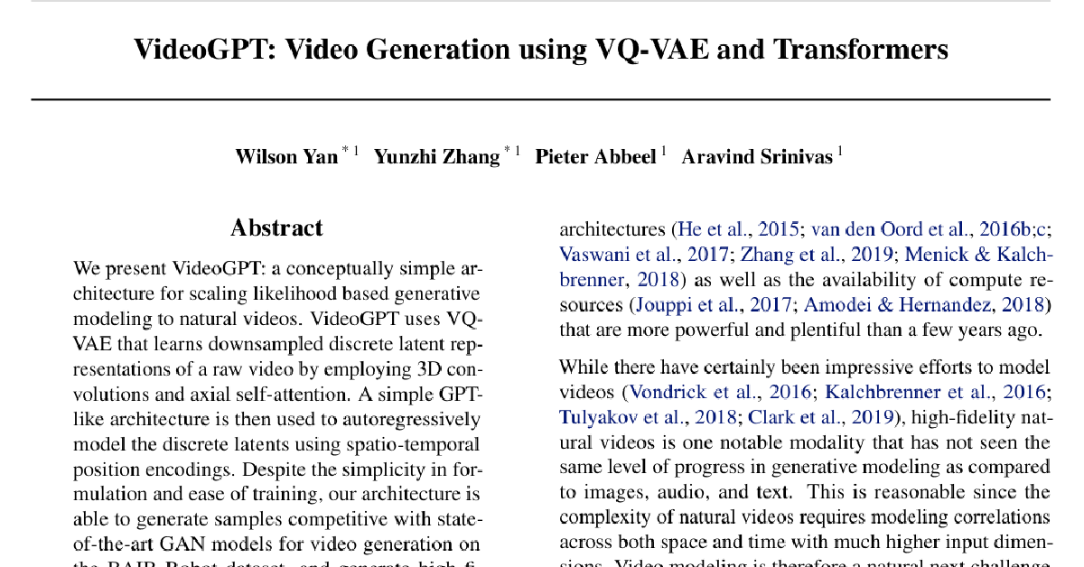 VideoGPT: Video Generation using VQ-VAE and Transformers cover