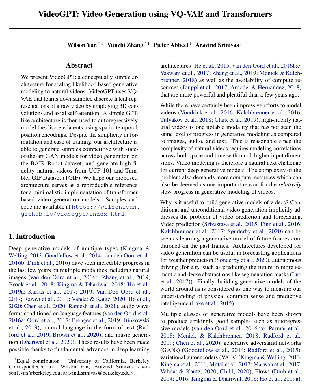 VideoGPT: Video Generation using VQ-VAE and Transformers