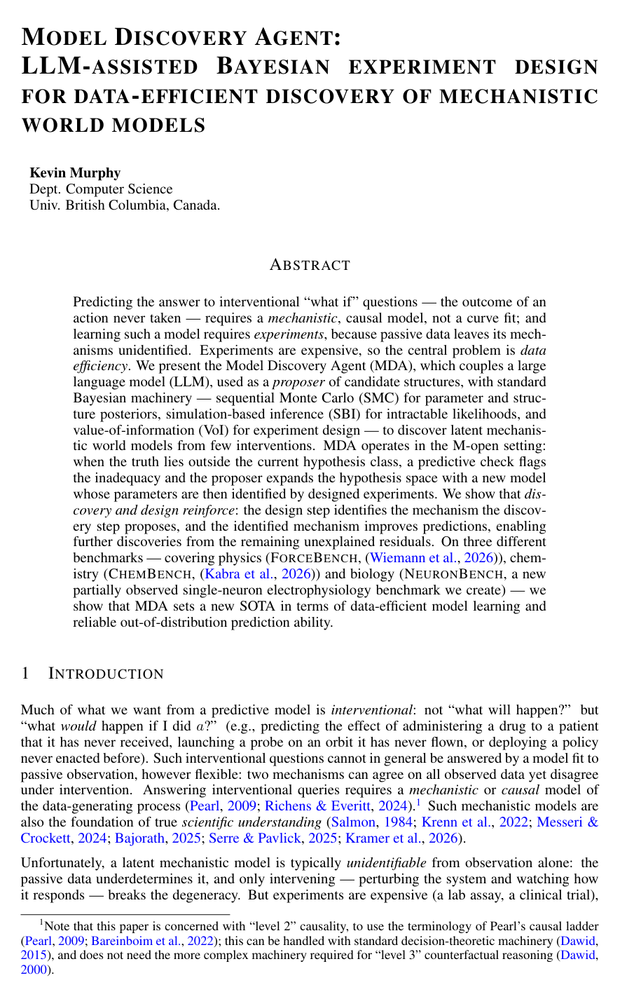 Model Discovery Agent: LLM-assisted Bayesian experiment design for data-efficient discovery of mechanistic world models