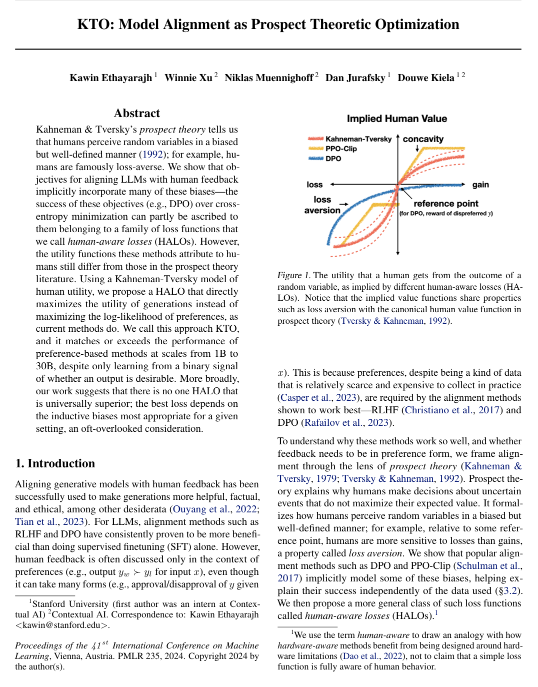 KTO: Model Alignment as Prospect Theoretic Optimization