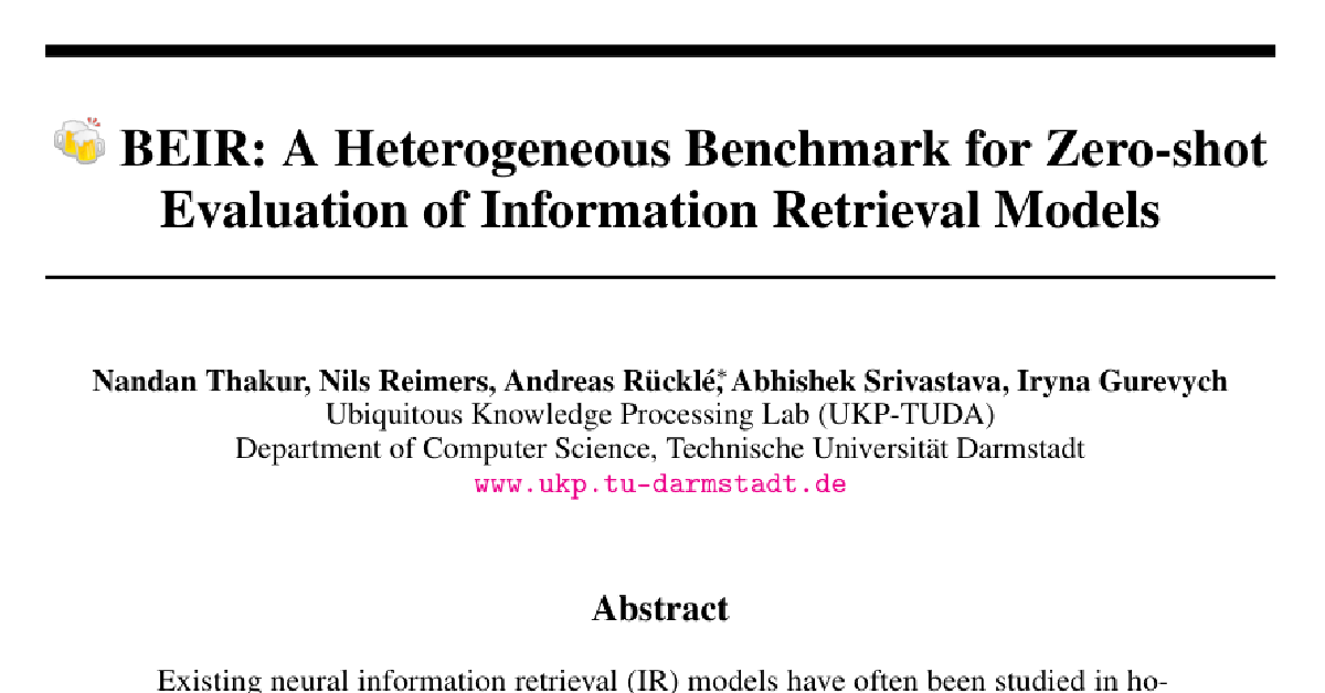 BEIR: A Heterogenous Benchmark for Zero-shot Evaluation of Information Retrieval Models cover
